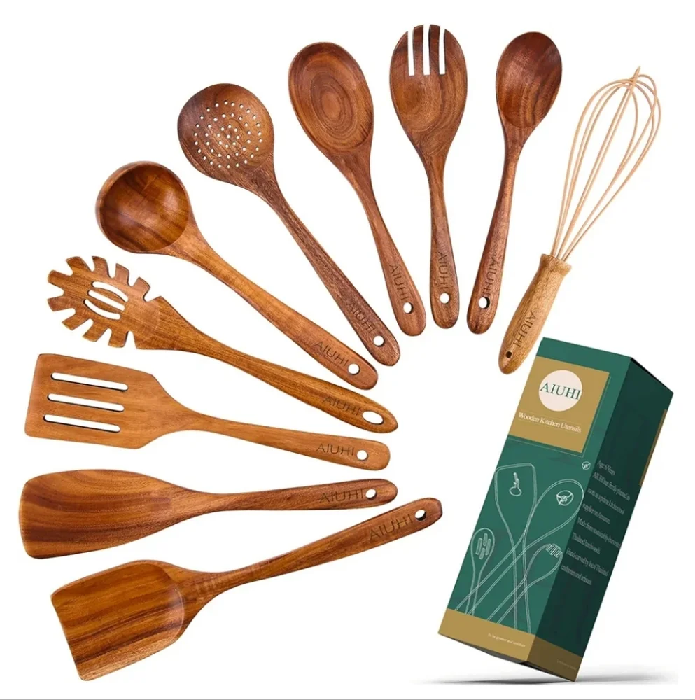 10 Pack Wooden Spoons for Cooking Teak Wood Kitchen Utensils Set Natural Boho